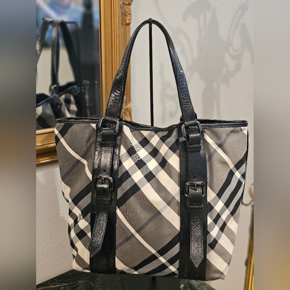 Burberry Black and Gray Plaid Tote Bag